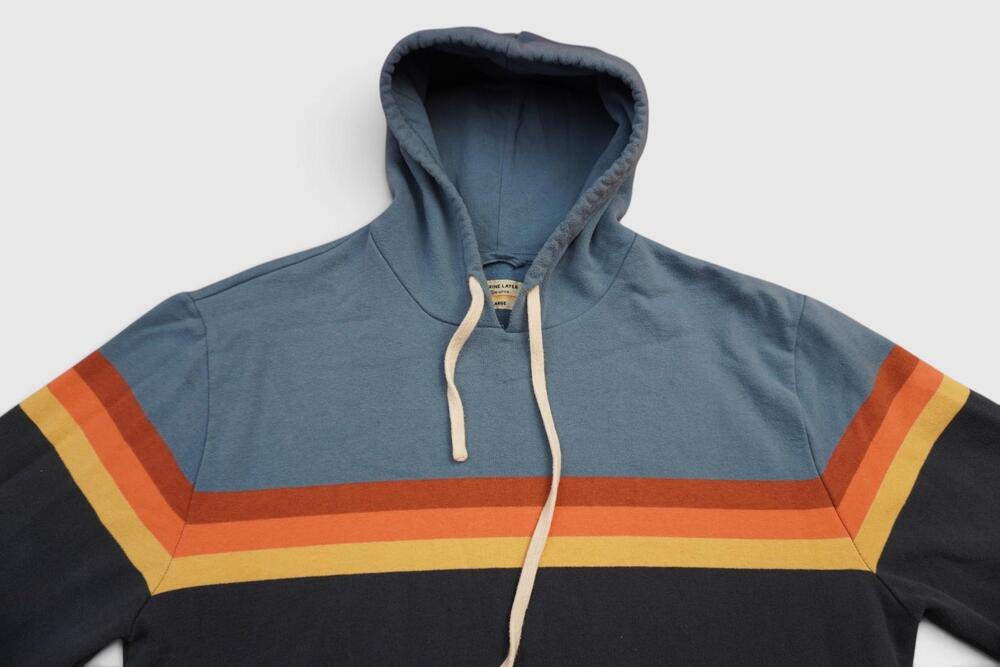 Marine Layer Hoodie Mens Large Blue Retro Stripe Pullover Fleece Kangaroo Pocket - Picture 5 of 13